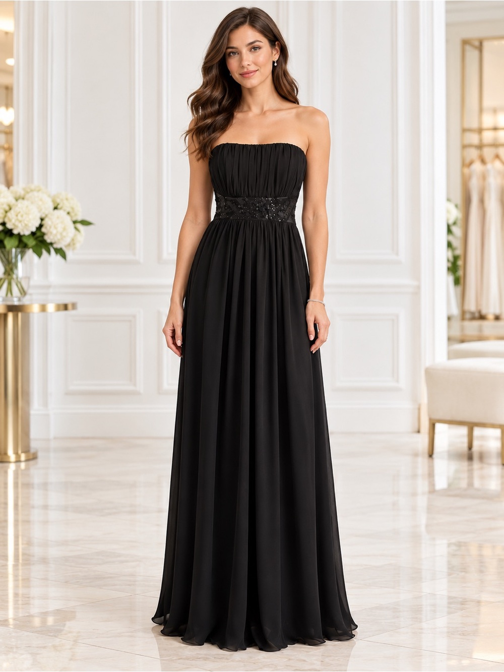 MaxandCleo Black Strapless Embellished Waist Formal Maxi/Evening Gown